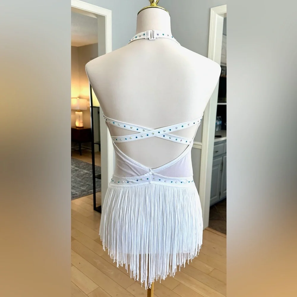 balera White Dance Costume with Teal Rhinestones and Fringe - Picture 3 of 3